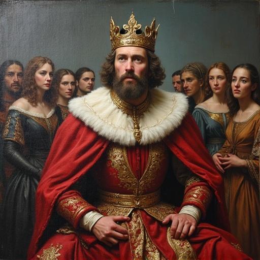 A king seated at the center, wearing a crown with ornate robes. Surrounding figures featuring women and men in historical attire. Oil painting style. Focus on the king's expression and attire.