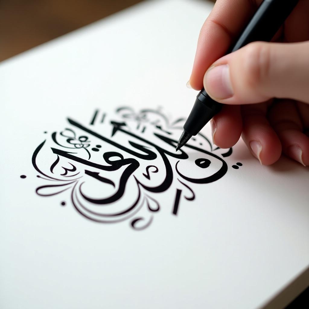 Close-up of a hand using a pen to write Arabic calligraphy with bold black ink. Name Ahmed Ali is featured. Hand is steady, focused on the letters. Surrounding designs enhance the calligraphy. Soft lighting highlights the strokes.