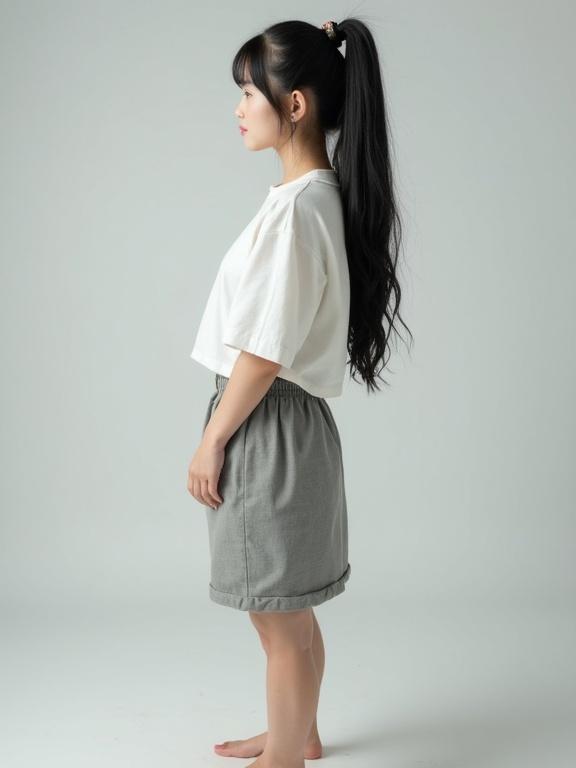 Young woman with black hair in a ponytail is standing sideways. She wears a white top and gray skirt. The background is neutral to emphasize the subject.