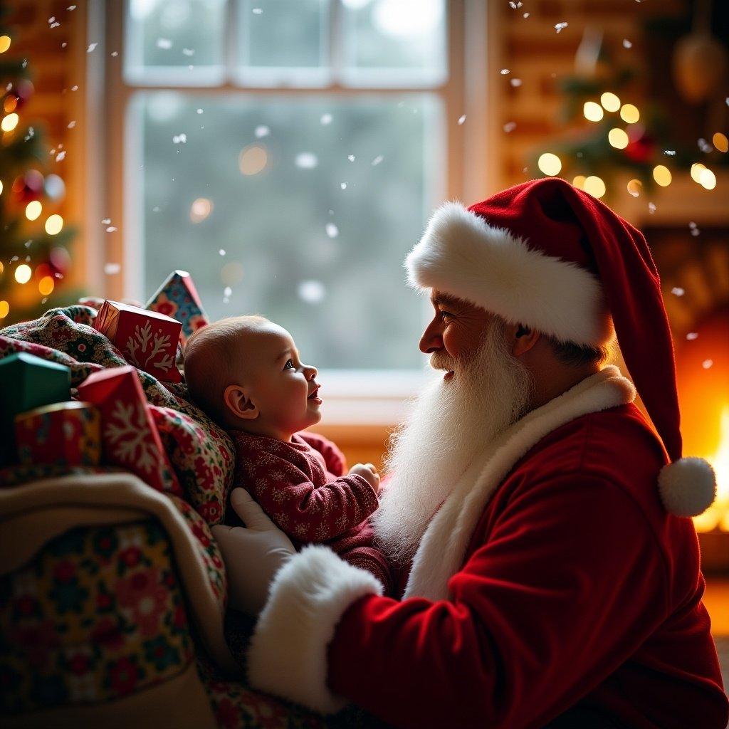 Baby's first Christmas celebration with Santa Claus. Cozy atmosphere with holiday decorations. Warm interaction between a baby and Santa in a festive setting.