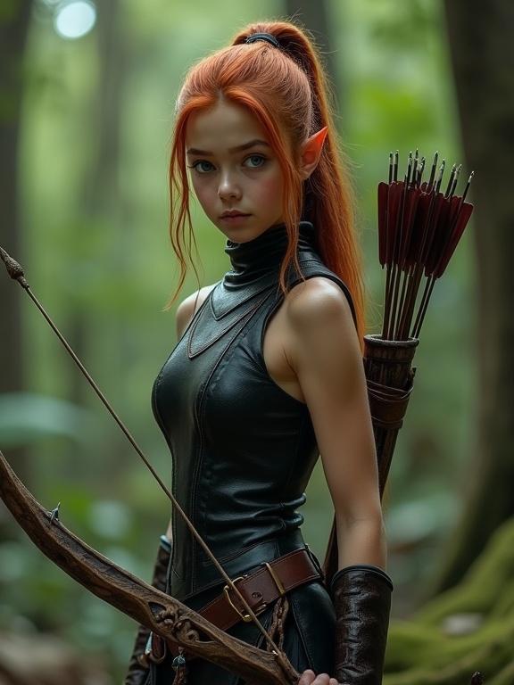 Photorealistic image of a teenage elf girl. Long auburn hair in ponytail. Smooth skin and vibrant blue eyes. Athletic build. Focused expression. Wearing black leather leotard and a long vest of silvery chainmail. Standing in a forest. Bow and arrow in hands. Quiver on back with arrows. Full body shot.