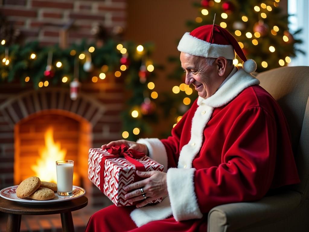 This heartwarming image captures a man dressed as Santa Claus, sitting comfortably in a cozy living room, illuminated by the soft glow of a fireplace. Surrounding him is festive decor, including a Christmas tree adorned with lights and ornaments. He's joyfully holding a beautifully wrapped gift, with a table beside him featuring milk and cookies, adding to the festive feel.