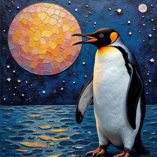 3D iridescent ceramic tile and glass mosaic. Hyper-detailed penguin with a macabre moonlit theme. Texture emphasized through scratchboard and encaustic wax techniques.