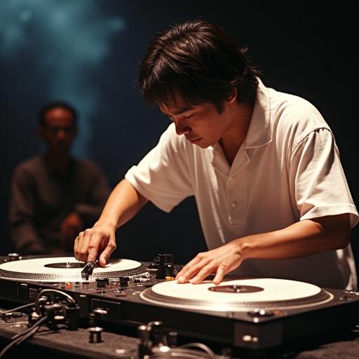DJ Tatsuno Yoshiyuki is performing with two turntables. The turntables are very close together. A mixer is placed on the left side. The performance is energetic and fast-paced. It showcases turntable tricks during a DJ competition.