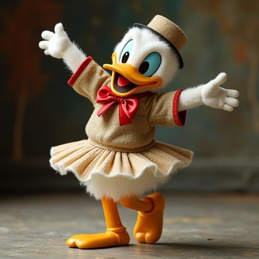 A stylized duck character in a ballet outfit performing a dance. The figure has a bright smile and warm colors. Character looks joyful and playful in a theatrical pose.