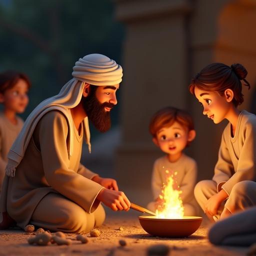 A scene depicting a historical figure cooking over a fire. Children observe with joy while a mother watches in disbelief. The warm firelight enhances the atmosphere. 3D animation style captures the realism of the moment.