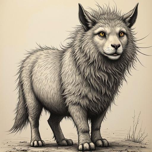 Illustration of a whimsical creature resembling a cat with wolf-like features. Ideal for summer courses. Unique style emphasizes creativity and imagination.