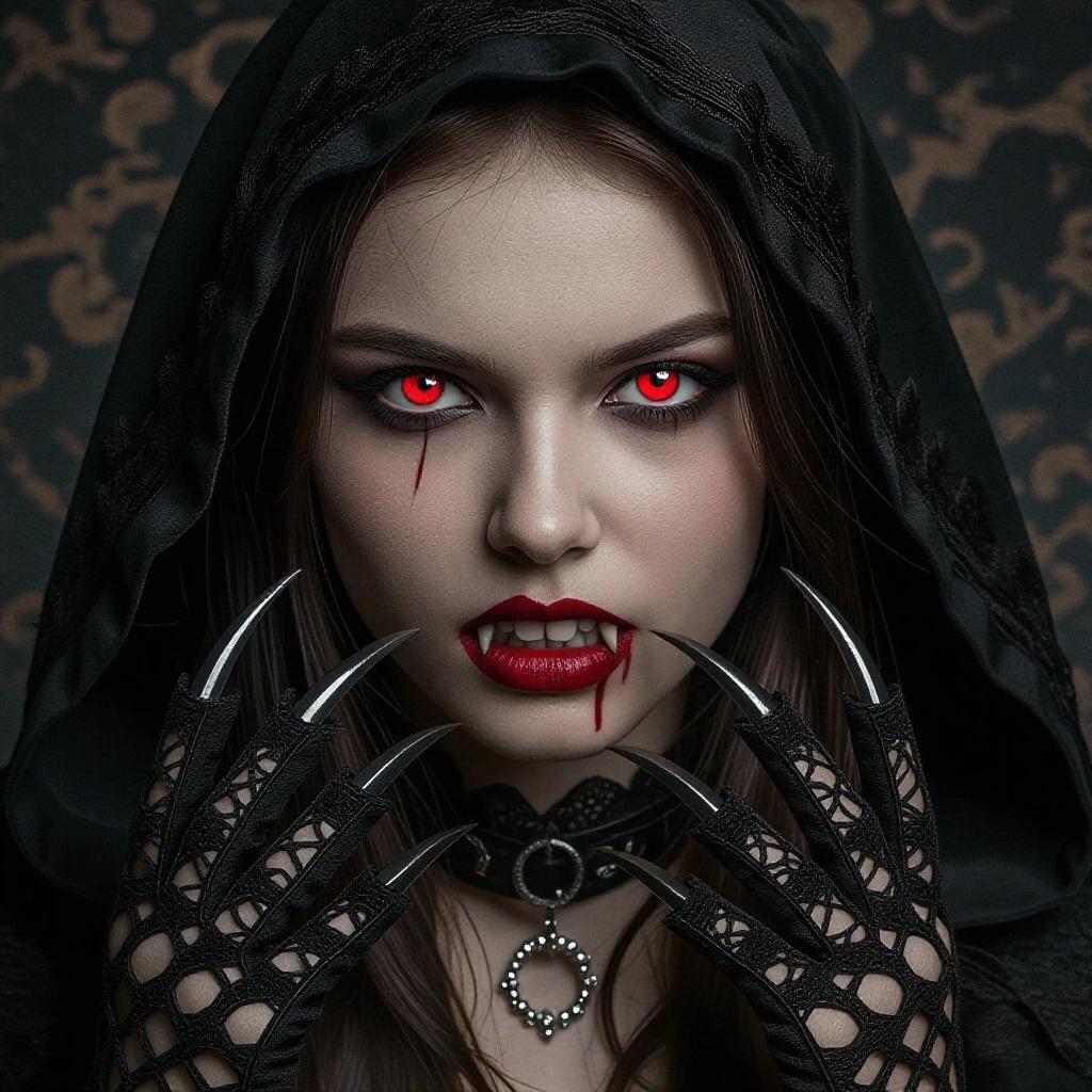 Fierce vampire girl depicted with red eyes and sharp teeth. Model wears a black hood contrasting skin tone. Claws showcased prominently. Setting has gothic elements.