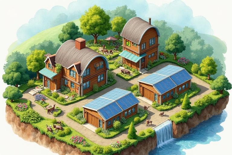 Isometric illustration showcases a sustainable city integrated with nature. Features vertical farms and solar panels. Displays a circular food system with livestock and greenhouses. Natural water filtration systems included. Diverse housing styles depicted. Watercolor style renders the scene, focusing on sustainability.