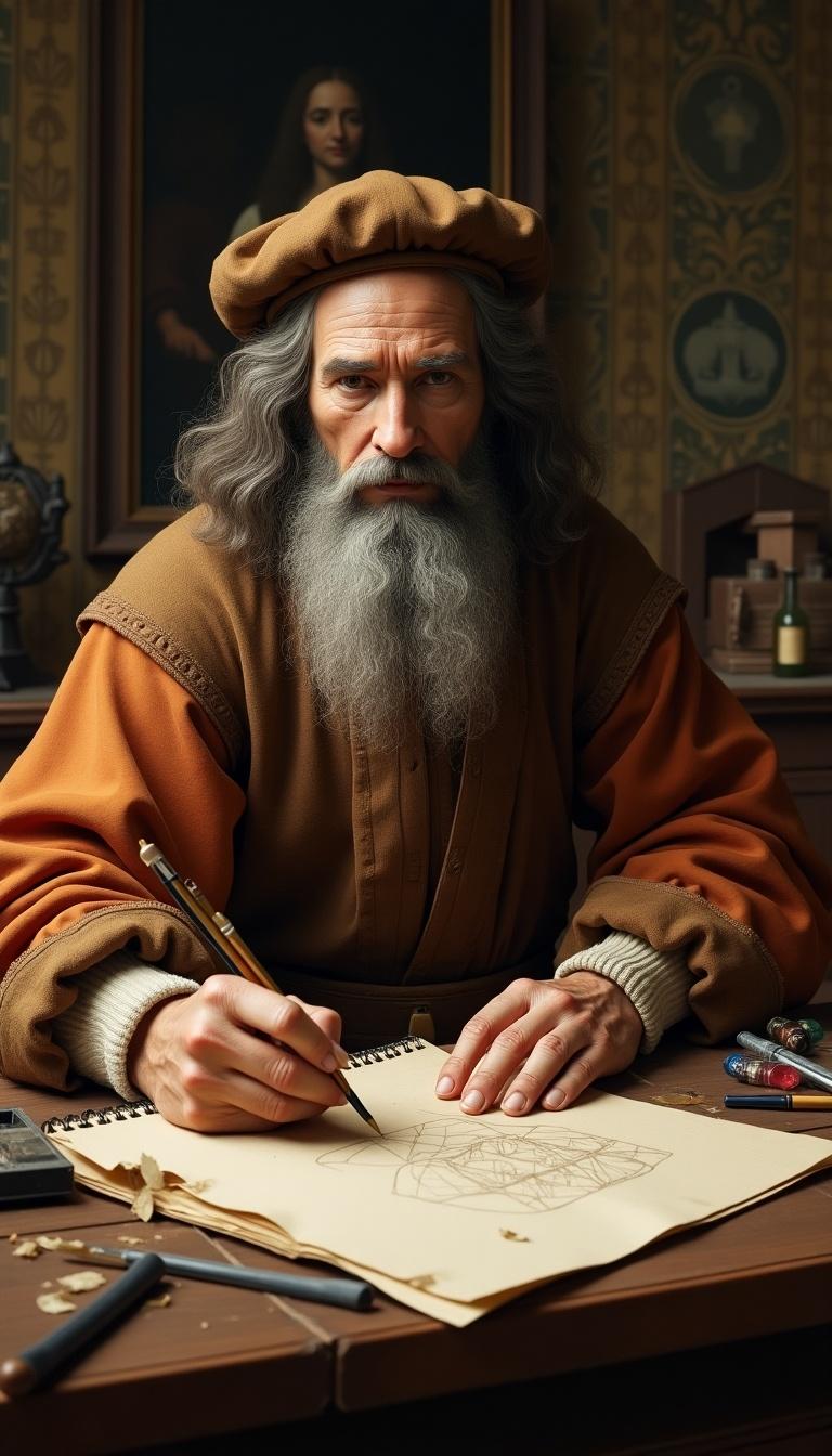 Full-body image of Leonardo da Vinci, writing and painting. Historically accurate Renaissance setting. Traditional attire including tunic and beret. Long beard, expressive eyes, wavy hair. Wooden table with sketches, brushes, paint. Surrounded by Renaissance artworks and tools. Captures Leonardo in action.