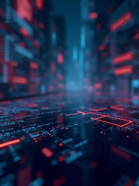 Create a sleek futuristic digital background. Include programming languages like Python, JavaScript, and Go. Use a dark cyberpunk theme with neon accents. Add floating code snippets and tech elements. Logos of programming languages should be integrated. Include a blurred depth-of-field effect.