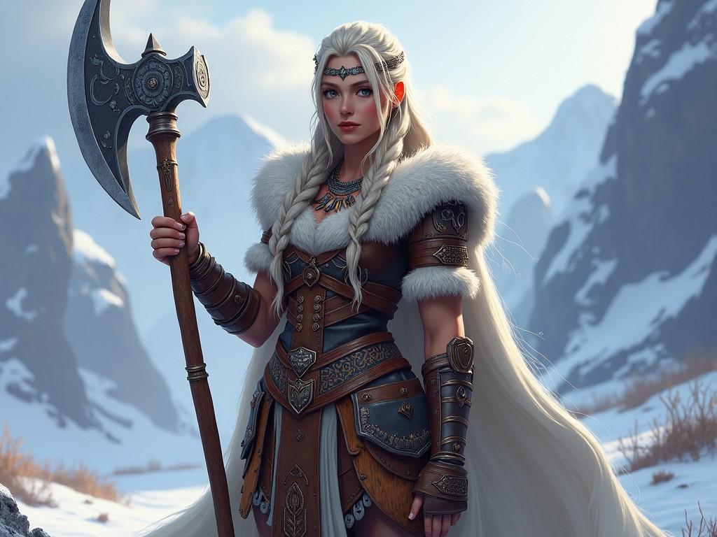 a Viking warrior woman standing in a snowy mountain landscape, wearing ornate armor and holding a large axe, epic fantasy style, highly detailed, cinematic lighting