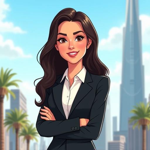 A semi-realistic cartoon-style Egyptian woman in her late 30s in a sharp black business suit. She has a kind and beautiful face with expressive eyes and a warm smile. The style blends realism with soft cartoon features. Standing proudly in front of the Iconic Tower in the New Administrative Capital of Egypt. The background is bright and modern with futuristic buildings and clear skies. Overall look is professional yet approachable, suitable for an educational or promotional video about real estate in the city.
