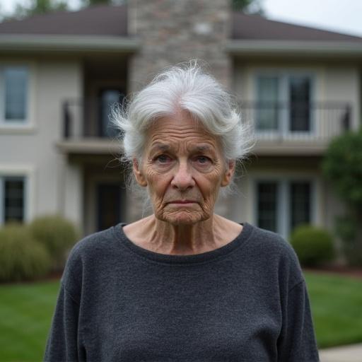 Grey-haired woman with an unhappy expression in front of well-kept condo. Displaying emotions of sadness and reflection. Captures emotional pain against beautiful home backdrop.
