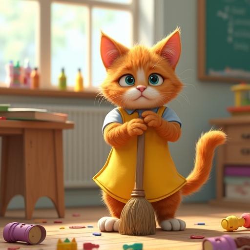 Semi-realistic digital illustration of an orange tabby cat as a preschool teacher. Cat wears a yellow apron and holds a small broom. Cat looks tired, cleaning a messy classroom with toys and crayons scattered.