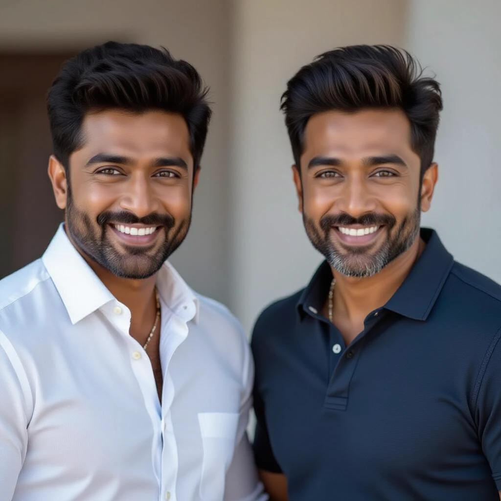 Photo of two smiling men posed together. One wears a white shirt and the other a navy blue polo shirt. They have stylish haircuts. The photo conveys friendship and positivity.