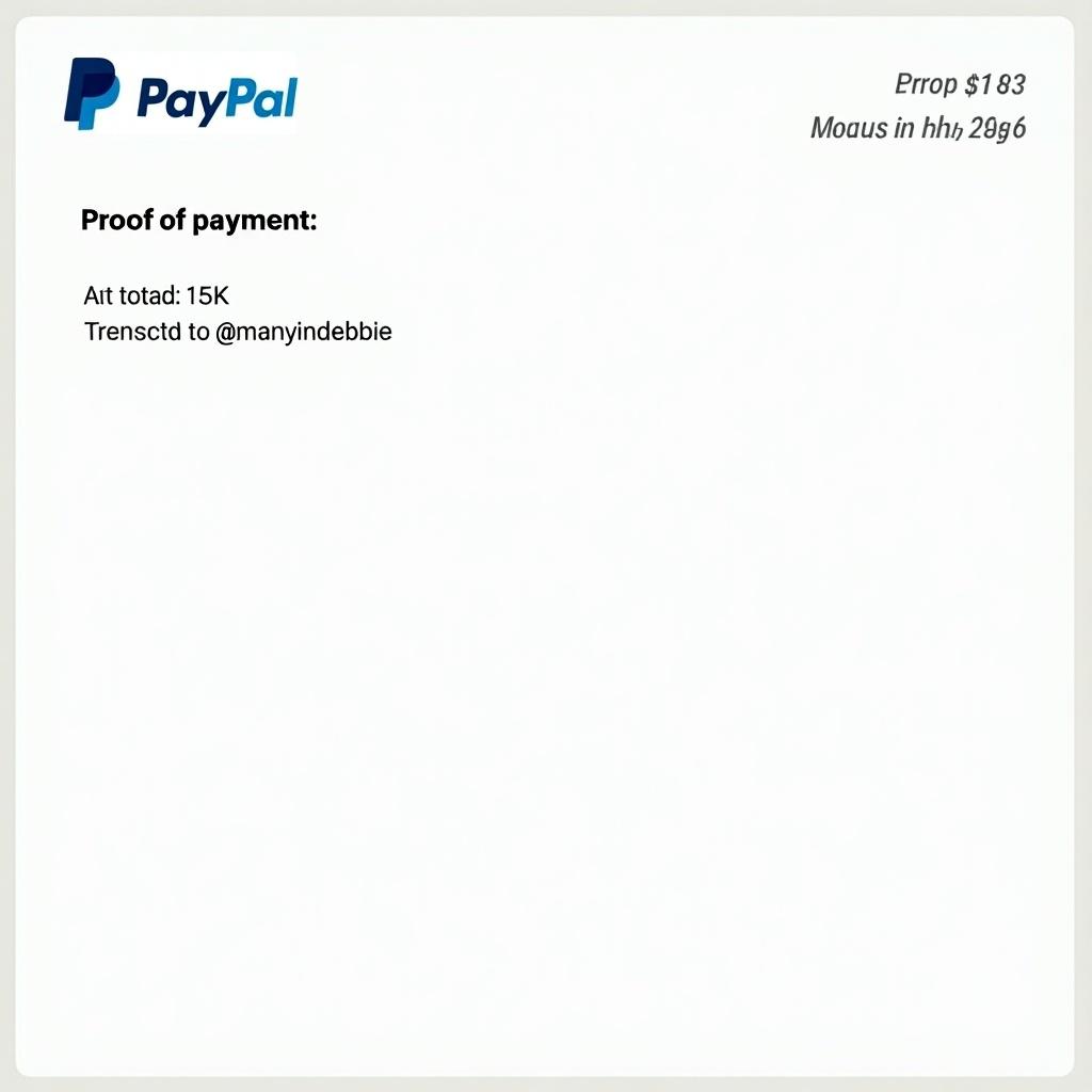 Image shows a proof of payment document from PayPal with a transaction total of 15k directed to the account named @manyindebbie Document layout is clear with bold text typical of PayPal.