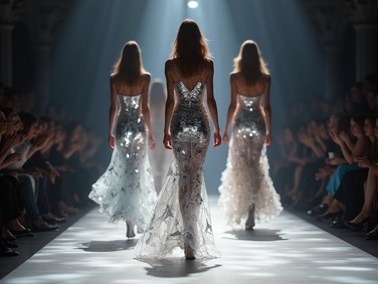 Three women wearing dresses with reflective pieces walking down a runway. The setting is a fashion show filled with spectators. The light creates dramatic shadows and highlights the textures of the dresses. The scene is realistic and detailed.