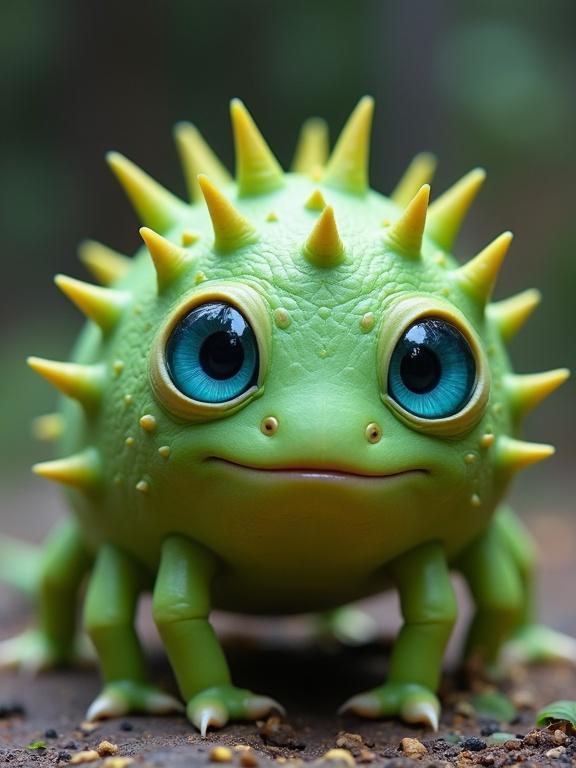 Creature with vibrant leafy green color. Large blue eyes dominate its face. Small yellow spines on head. Roughly spherical body shape with short, thick legs. Sturdy and possibly slow-moving with a bizarre appearance.