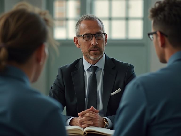A former prisoner dressed in a suit is in a prison visiting room. The expert teaches a group of inmates about law. The atmosphere is respectful and uplifting with bright tones.