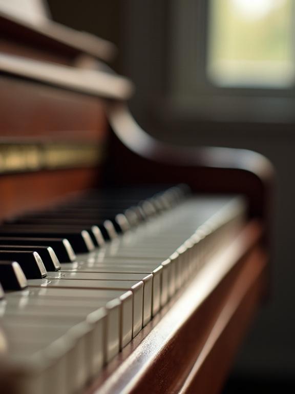 Close-up of the piano keys and body. Warm natural light illuminates the wooden surface. Focus on the contrast between black and white keys.