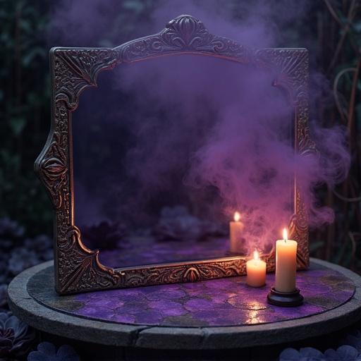 Ancient cursed mirror surrounded by dim candlelight and violet smoke. Scene includes black lotuses and bronze textures. A mystical atmosphere with a doppelgänger reflection.