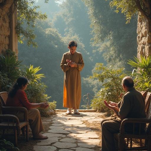 A tranquil scene in Baalbek during golden hour. A person stands in traditional attire surrounded by lush greenery. Two individuals sit nearby in peaceful meditation. Soft light enhances the serene atmosphere.