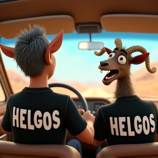 Cartoon style in the vein of Pixar or DreamWorks features interior view of a car from the back seat. The driver is an older man with large ears and short dark hair wearing a black t-shirt labeled HELGOS. In the passenger seat is a humanoid goat with a goat head, short horns, and fluffy fur, also in a black HELGOS t-shirt, joyfully singing or yelling. The scene captures a fun road trip vibe with bright colors and a stylized cartoon aesthetic.