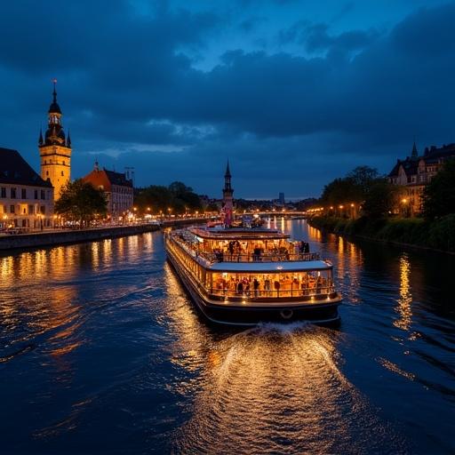 Fluvial cruise boat on the Rhine river in Mainz at night. City illuminated by lights. Soft clouds in the evening sky. Historical buildings alongside the river.