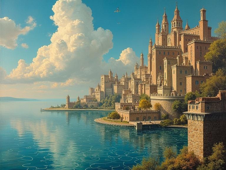 Dali-style painting features an intricate esoteric designed city. City located next to a body of tranquil water. Influence of MC Escher's architectural elements visible. Fantasy art style reminiscent of Aleksander Kobzdej. Soft clouds float above the detailed structures.