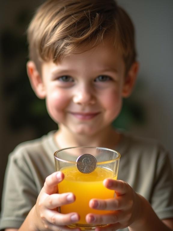 10 years old boy holding a cup of juice filled three quarters