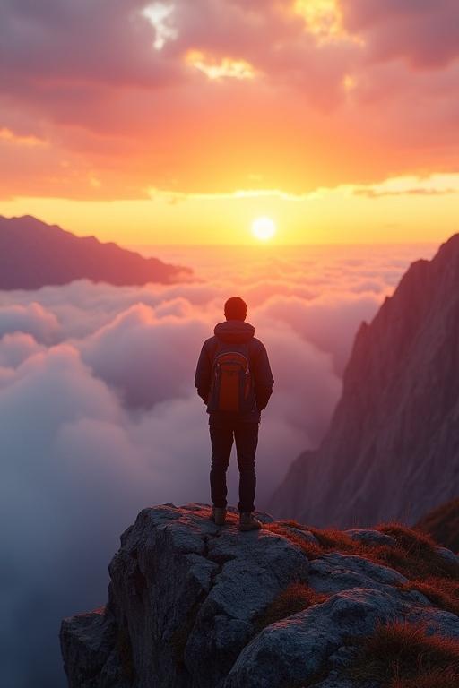 A traveler stands on a mountain overlooking a vibrant sunrise. The sky is filled with shades of gold, orange, and purple. The traveler is viewed from behind, with a jacket fluttering in the wind. Clouds appear like a cotton sea. The scene conveys calmness and hope. The landscape is hyperrealistic, capturing every detail of the rocks and grass.
