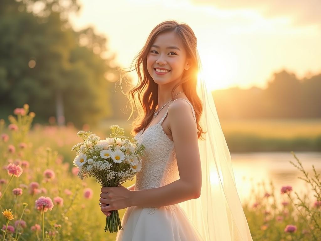 Full body portrait of a joyful young bride. She stands in a sunlit landscape. The elegant wedding dress features delicate embroidery. A soft flowing veil complements her graceful hairstyle. Long hair gently moves in the breeze. One hand holds a bouquet of fresh flowers. She smiles brightly. The background is serene, perhaps a meadow or a lake, all in warm golden light. The image has a light celebratory atmosphere.