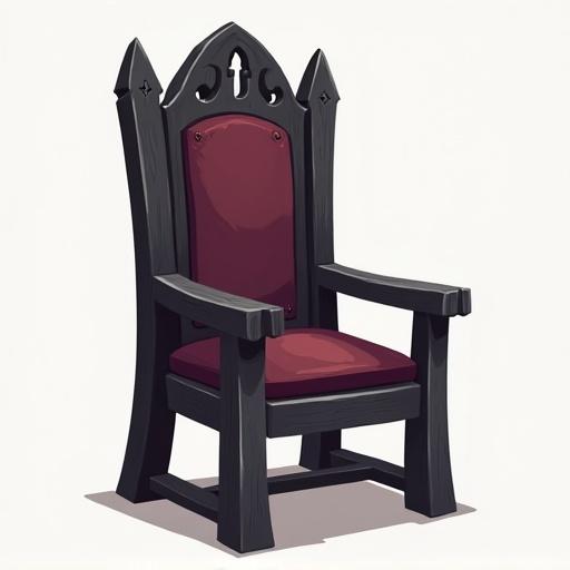 2D side view of a simplified gothic chair. High backrest with low arched top. Minimal carved arch motifs. Plain black wooden legs and basic frame. Flat burgundy cushion seat. Subtle wood grain textures. No shadows or highlights. Transparent background.
