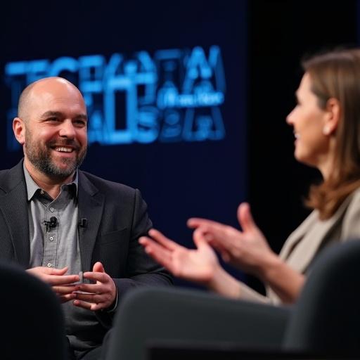 Male host engages with the audience. Female host gestures with hands to emphasize points. Camera zooms in on both hosts. Background has the text 'TECHTALKS AI' pulsating gently.