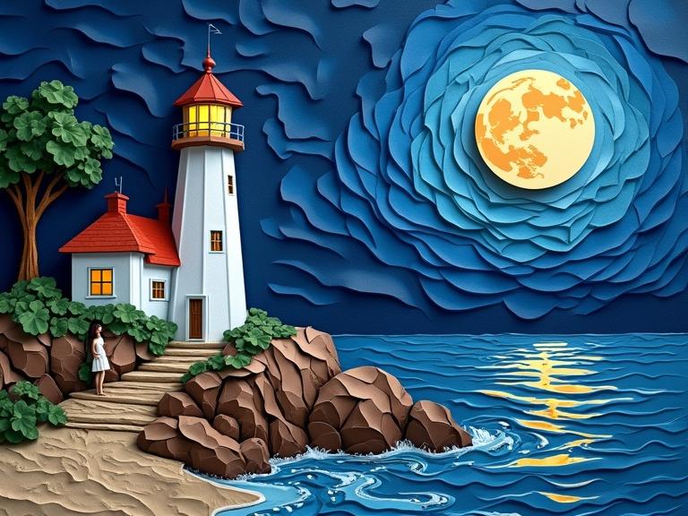 3D origami masterpiece with multi-layered paper folds. Features a white lighthouse near the seaside. Nighttime with a full moon casting glow over water. Includes a nude woman on the stairs. Background includes trees and rocky shoreline. Implemented in dramatic metallic colors with a hand-crafted look and photorealistic detail.