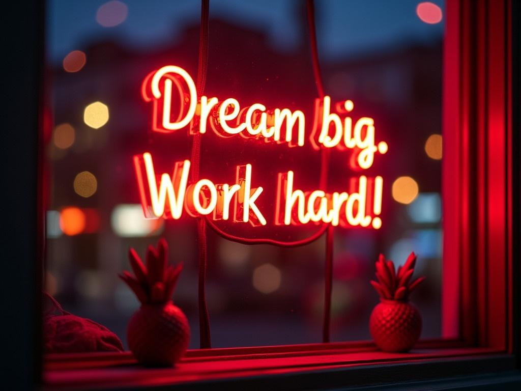 A glowing neon sign hangs in a window, featuring the phrase "Dream big. Work hard!" The text is brightly illuminated in a vibrant shade of red, standing out against a dimly lit evening background. Bokeh lights softly shimmer in various colors, creating a dreamy atmosphere around the sign. The window frame is stylishly designed, adding a modern touch to the scene. This image captures an inspiring message, urging viewers to pursue their dreams with dedication.