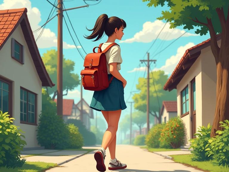 Side view of a woman walking in her neighborhood. She carries a backpack and wears a skirt. The setting shows a bright day with houses and green trees.