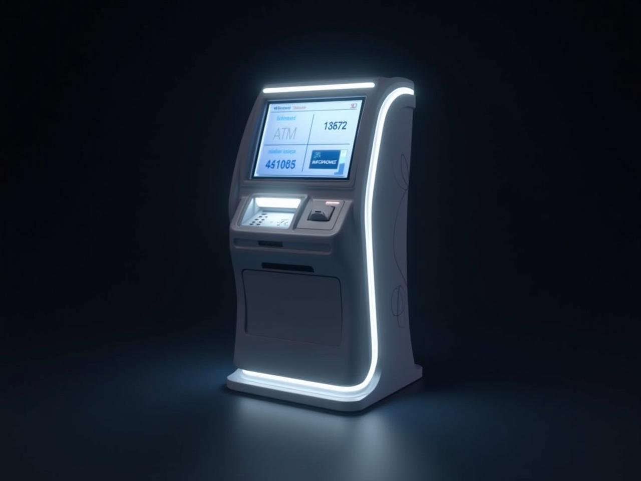 This image shows a futuristic ATM machine. It has a sleek and modern design, with a glowing frame that highlights its features. The screen is brightly lit and displays various buttons for user interaction. The ATM is positioned against a dark background, accentuating its sophisticated look. Overall, it appears to be a cutting-edge banking device, designed for both functionality and aesthetic appeal.