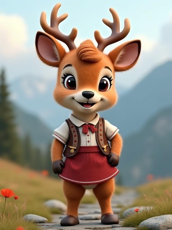 Ultra realistic 3D render of a cute baby red deer dressed in traditional Tyrolean outfit standing upright smiling with a scenic background showing Austrian Alps