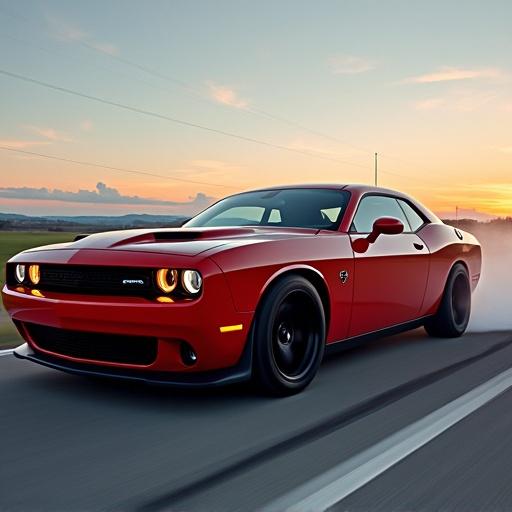 A red sports car driving on a highway. The car combines features of a Dodge and a Ford. It appears powerful and in motion.