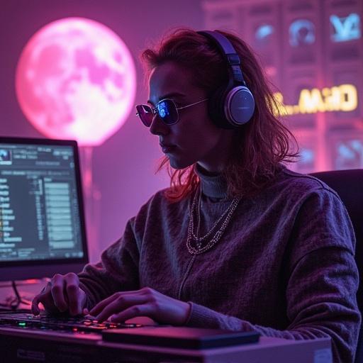 Vaporwave style image featuring a person wearing sunglasses and headphones. A neon pink moon in the background. A computer screen with digital elements shows music or gaming interface. The subject is focused on the screen, suggesting engagement with technology.