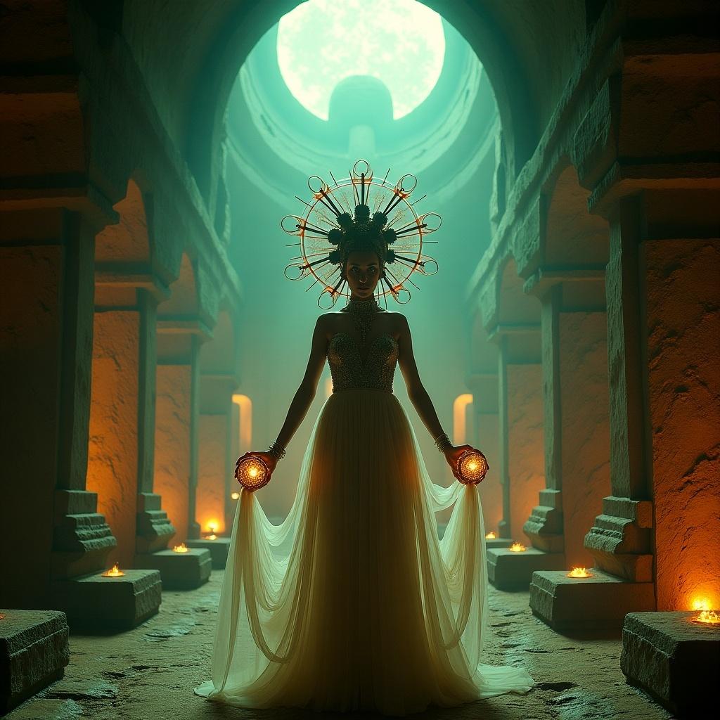 An ancient temple carved into a volcano's interior. Priestess performs rituals with glowing orbs. Her headdress features mechanical components. Temple walls shift between Expressionist and Art Deco styles. Multiple exposure creates phantom duplicates of the priestess. Votaries wear silver and flapper costumes. Lighting cycles through emerald green, cobalt blue, and amber. Camera work alternates between slow-motion and Dutch angles.
