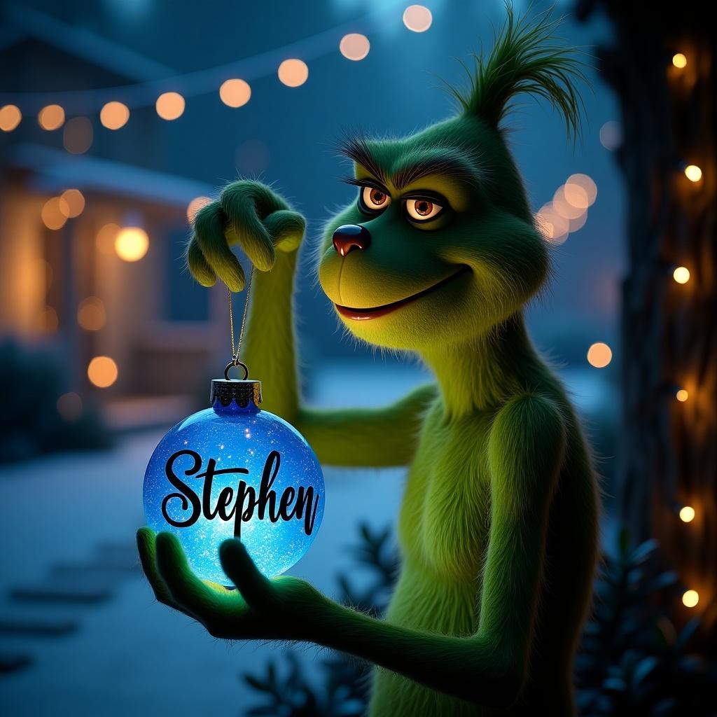 A serene night garden is depicted. The Grinch holds a glowing blue Christmas bauble. The bauble features the name Stephen in an elegant script. Twinkling Christmas lights enhance the magical ambiance.