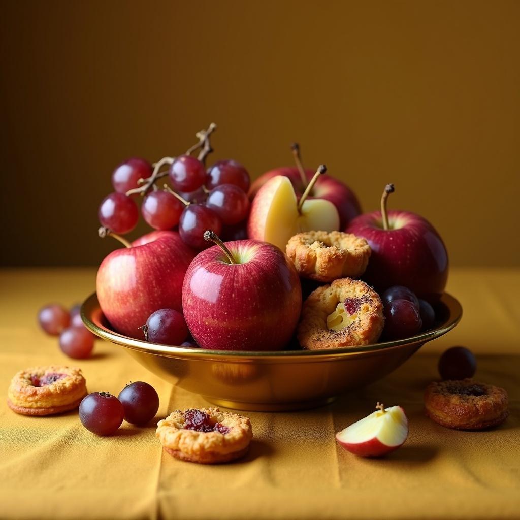 A bowl filled with red apples and purple grapes. Exotic pastries are scattered around. A golden bowl and mustard linen tablecloth complement the arrangement. The composition is aesthetically pleasing and colorful.