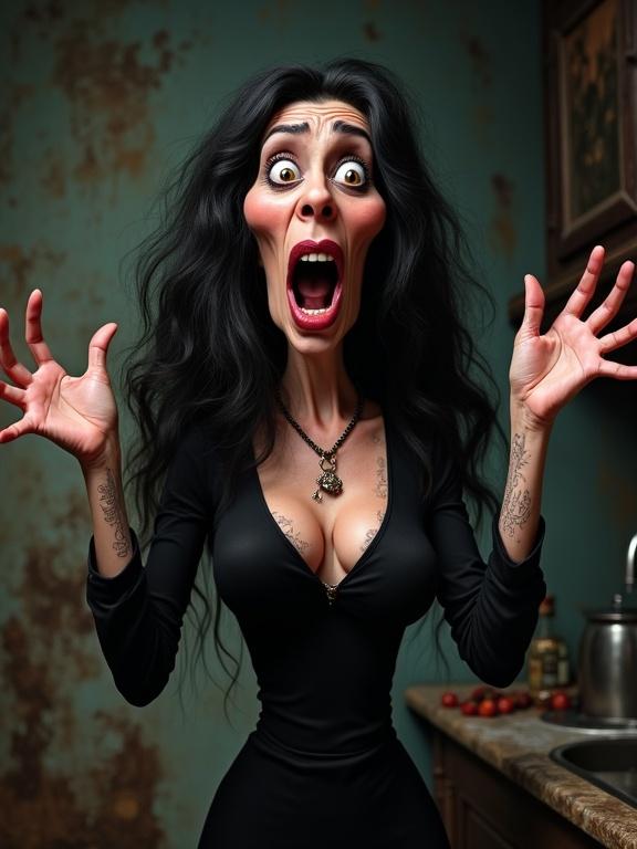 Highly stylized caricature of a shocked woman with long black hair. Splayed hands held up next to her face. Dark and ominous background resembling an old witch's kitchen.