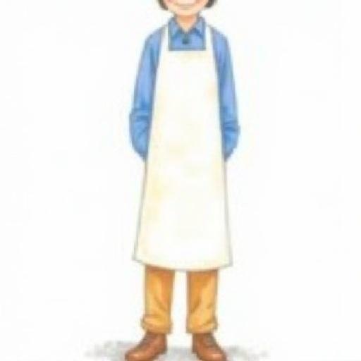 Illustration of a person standing. Person wears a white apron over a blue shirt and tan pants. The apron covers the front. Style is watercolor with flat colors. Suitable for children's dictionaries or books.