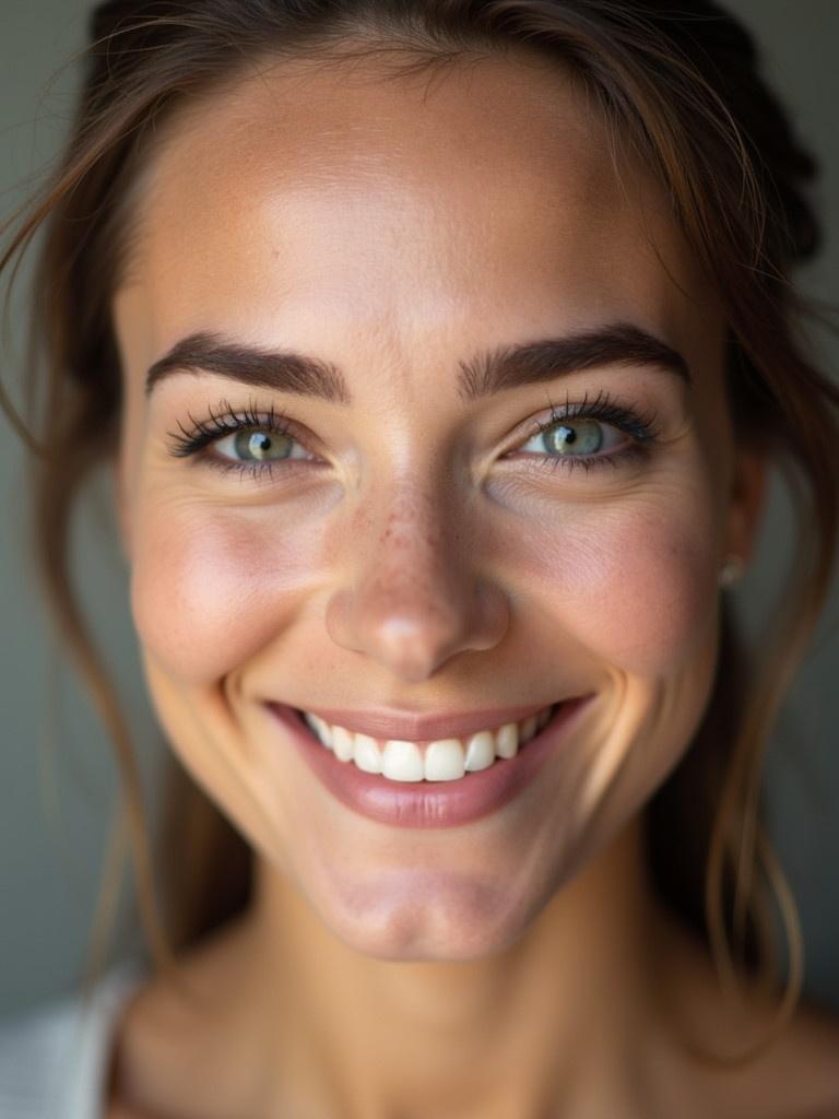 Close-up portrait of a beautiful young woman. Natural makeup enhances her features. Glowing face.