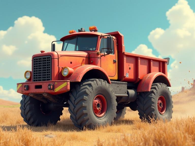 Animation features a large extra wheel appearing on a bright red truck in a playful landscape.