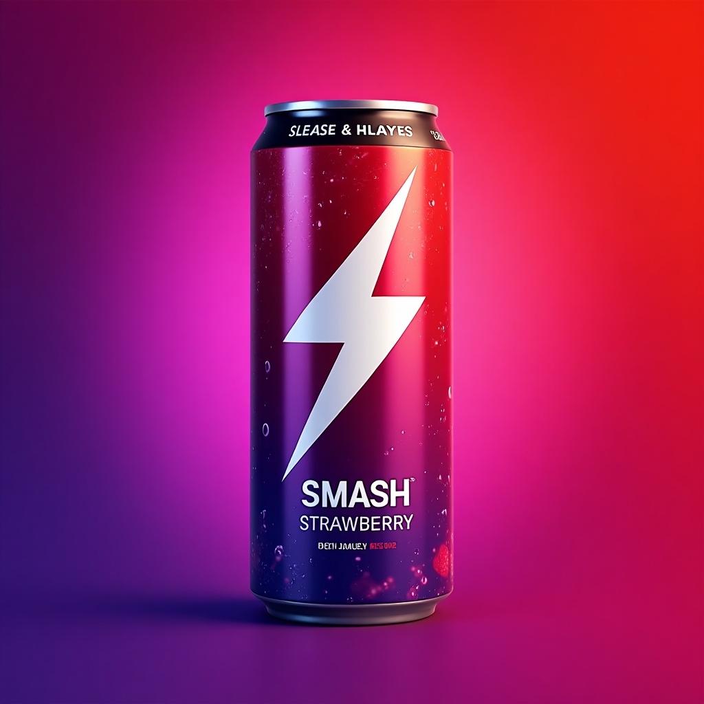 This image showcases a vibrant energy drink design. The background features a striking gradient transitioning from purple to red. Prominently displayed is the name 'SMASH' in bold letters, indicating the drink's energetic flavor of strawberry. At the bottom of the design, there's an enticing slogan. The logo is creatively represented by the letter 'S' shaped like a lightning bolt, symbolizing power and energy. Overall, the design is visually captivating and modern, appealing to a youthful audience.